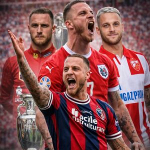 Carrière Marko Arnautovic: Marko Arnautović carrièreoverzicht: beelden van de voetballer bij Bologna, Oostenrijk en Rode Ster Belgrado met een kampioensbeker op de achtergrond.