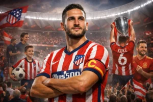 Collage van de carrière van Atlético Madrid-legende Koke, met afbeeldingen als jeugdspeler, aanvoerder met de kapiteinsband en het vieren van prijzen in het Metropolitano stadion.