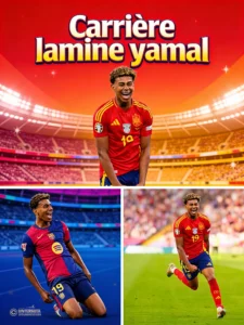 Collage over de carrière van Lamine Yamal met foto's van zijn doelpuntenvieringen in het shirt van FC Barcelona en het Spaanse nationale elftal.