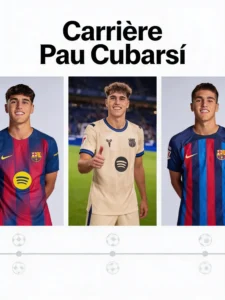 Fotocollage van de carrière van Pau Cubarsí bij FC Barcelona, tonend in drie verschillende wedstrijdshirts met een tijdlijn-icoon onderaan.