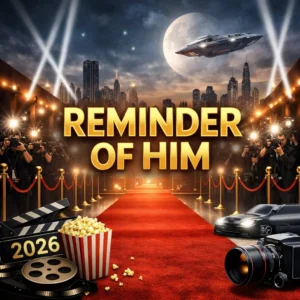 Filmposter voor 'Reminders of Him' met een rode loper, paparazzi, een futuristisch voertuig boven de skyline en bioscoopattributen zoals popcorn en een filmclapper met het jaartal 2026.