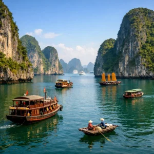 Ha Long Baai Vietnam – traditionele houten junks en roeibootjes tussen kalkstenen rotseilanden in het turquoise water, gezien tijdens Het Perfecte Plaatje op Reis 2026