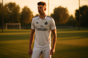 Verdediger in wit Real Madrid tenue op een zonnig trainingsveld, vastberaden houding