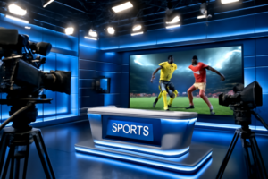 Televisiestudio ingericht voor een sportprogramma met schermen en studioverlichting